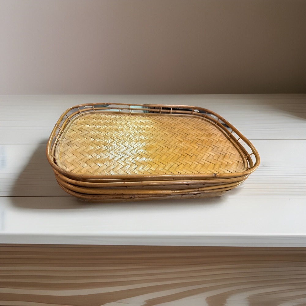 Vintage Set 4 Bamboo Rattan Serving Trays Stacking Woven Wicker Tiki Large 19"‎